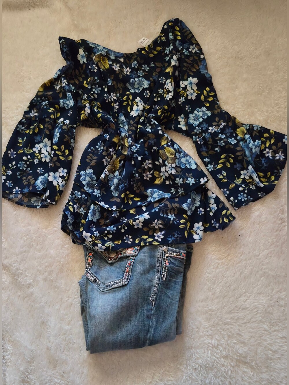 LOFT Navy Blue Floral Tie-Front Bell Sleeve Blouse